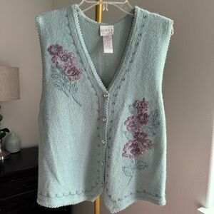 Vintage Koret Petites Robins Egg Blue Embroidered Sweater Vest - Size Small